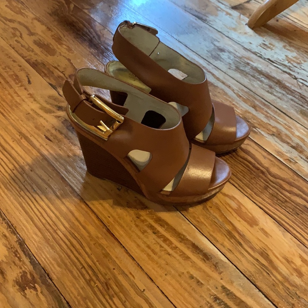 Michael Kors brown buckle leather wedges 5